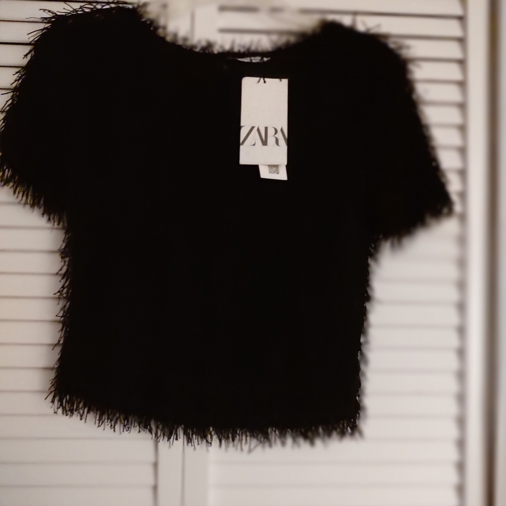 Zara Textured Fringe  Short Sleeve Top